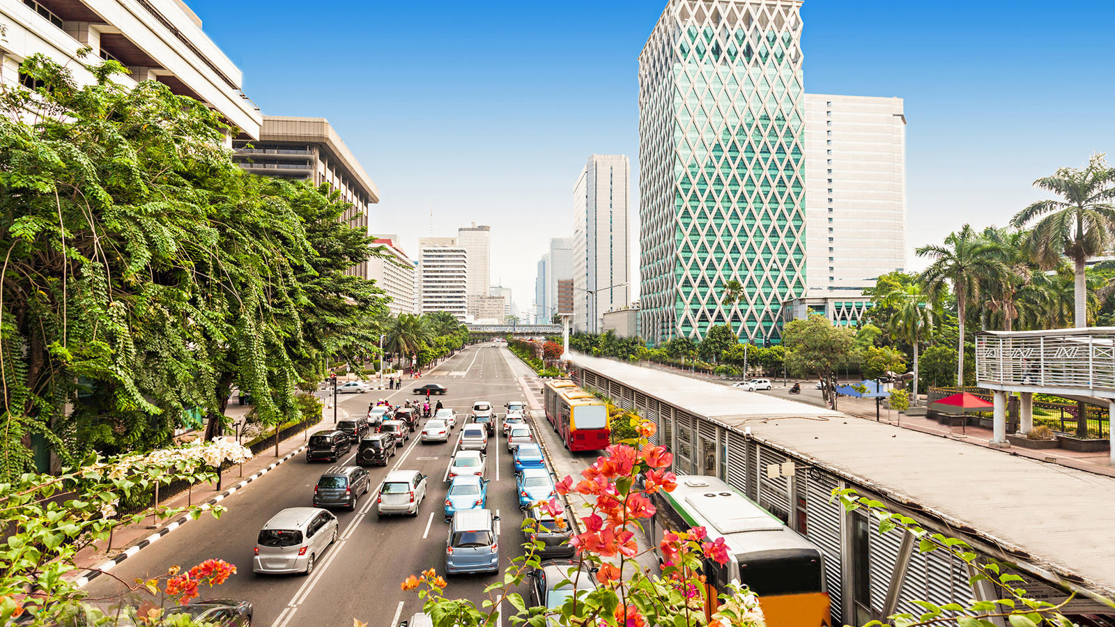 a street with cars and buildings in the background